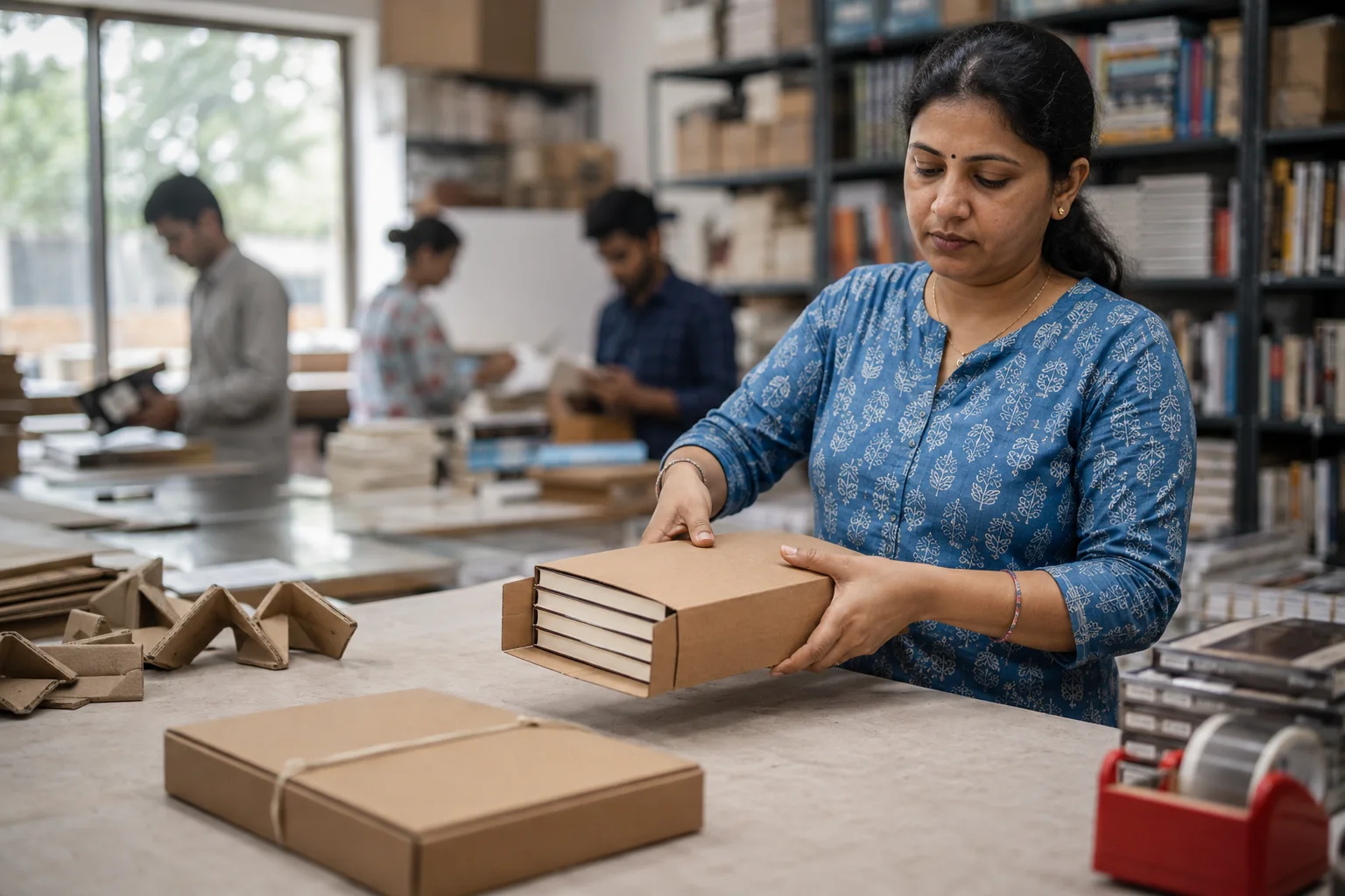 A seller sliding a stack of hardback books into a rigid board mailer, corner protectors and a taped flat parcel on the bench beside her