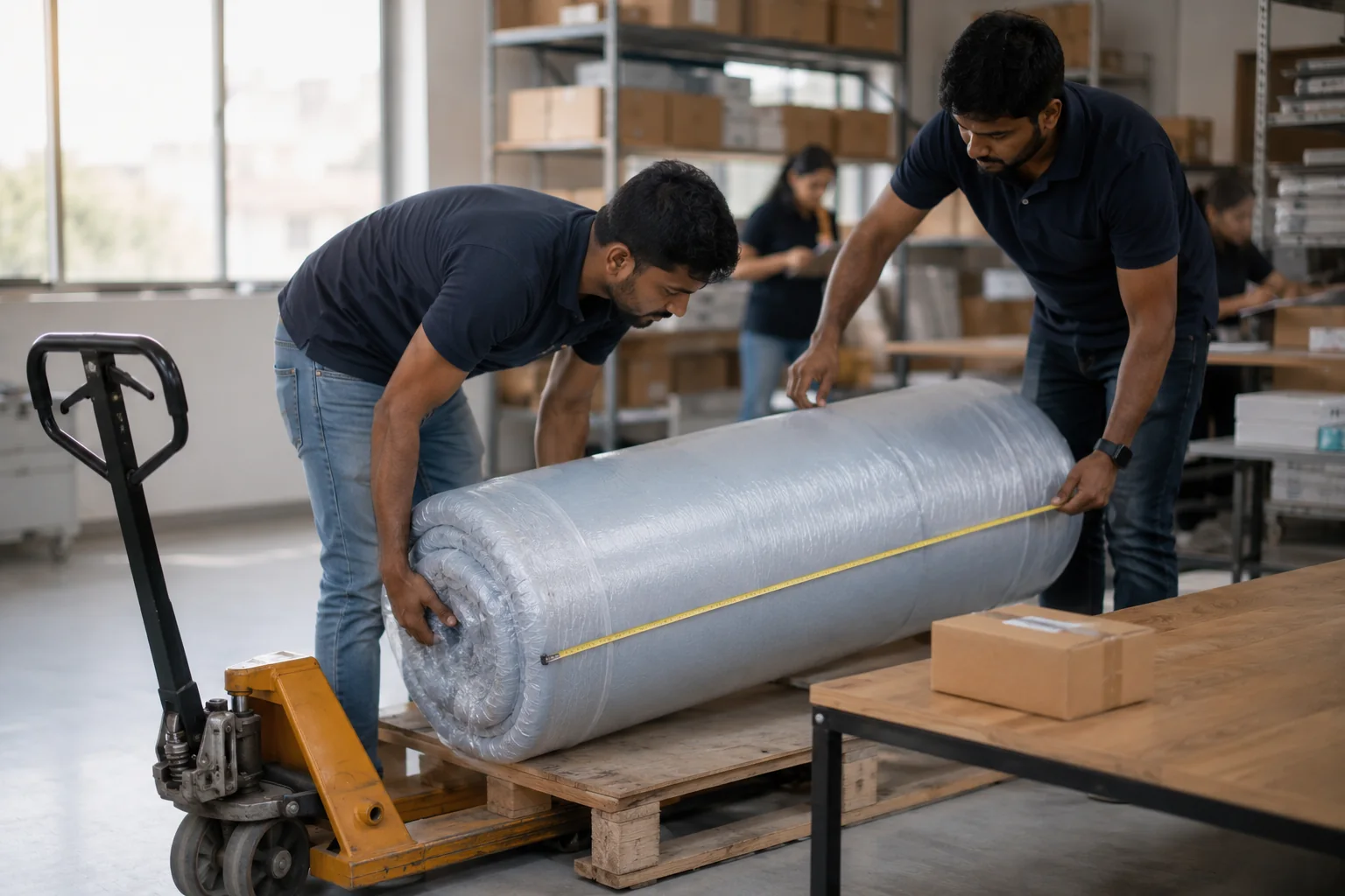 Two handlers measuring a wrapped mattress roll on a pallet truck with a tape measure, an ordinary parcel on the bench beside it for scale