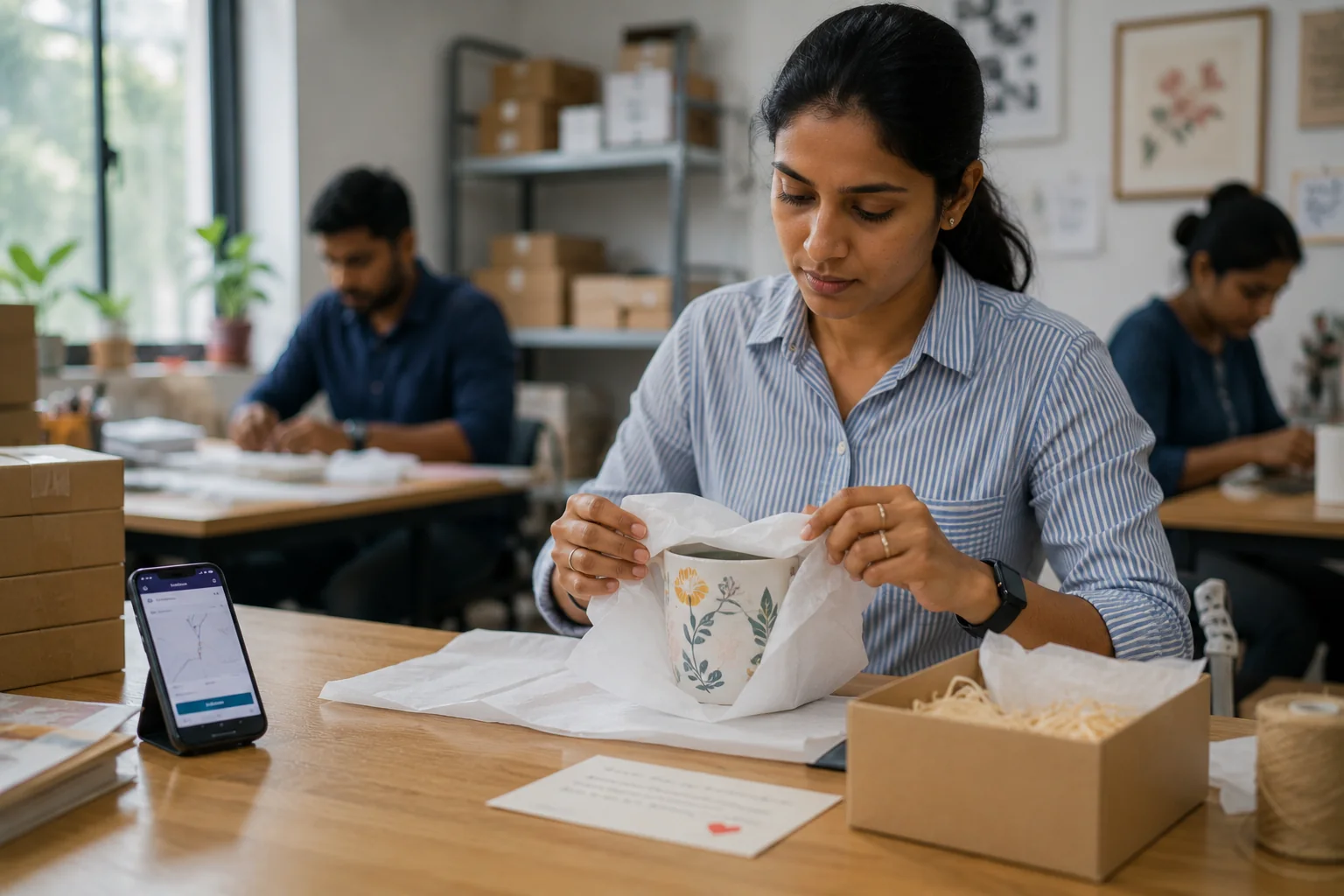A seller wrapping a hand-painted mug in tissue, a handwritten note card and a shred-filled gift box on the bench, a phone showing a delivery tracking screen