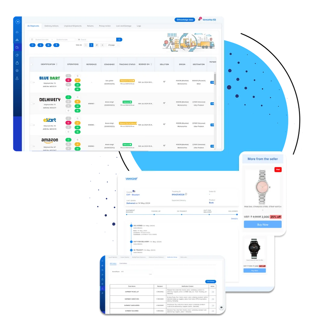Vamaship SaaS dashboard showing courier rate options and order detail panels